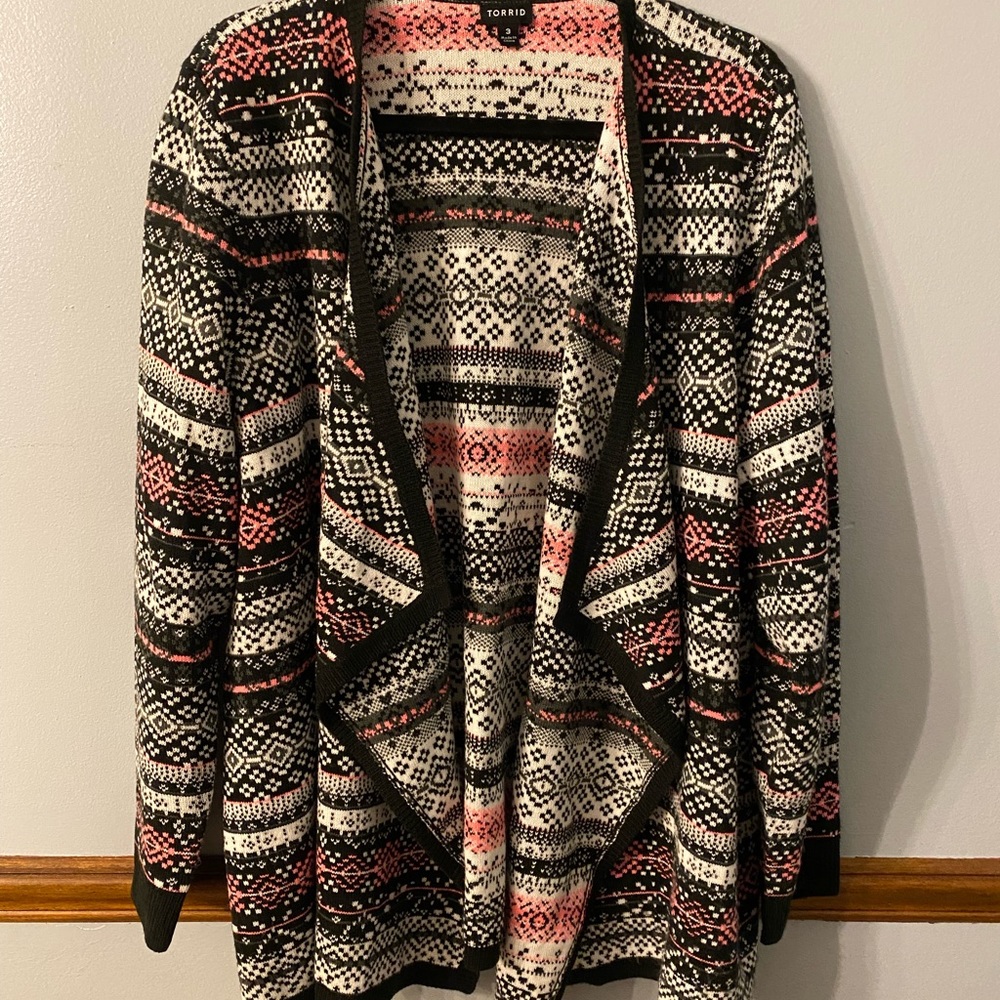 Torrid Drape Front Sweater Cardigan Black and Pink Fair Isle Sweater